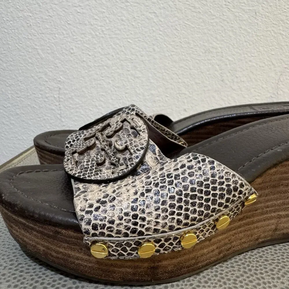Tory Burch Patti Snakeskin Leather Platform Wedge Slide Sandals Size 8.5 M